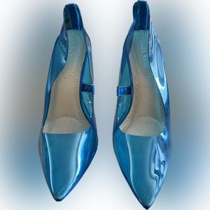 Blue plastic pointy toe heel. 3 inches